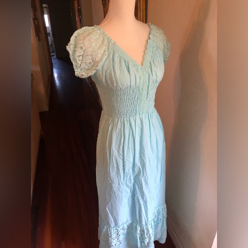Peasant Light Aqua Blue Maxi Dress with Lace Accents by Anna Kaci